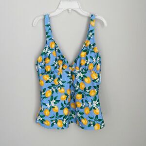 Draper James Size L Blue Yellow Lemon Print Swim Top Tank New NWT
